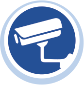 icon of a light blue circle with a navy blue circle inside of it and a white outline of a traditional mounted security camera