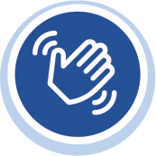 icon of a light blue circle with a navy blue circle inside of it and a white outline of a hand waving with motion lines around it to represent movement
