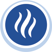 icon of a light blue circle with a navy blue circle inside of it and a white outline of three wavy lines representing smoke from a fire