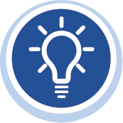 icon of a light blue circle with a navy blue circle inside of it and a white outline of a lightbulb with seven small lines emerging from it to represent light