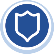 icon of a light blue circle with a navy blue circle inside of it and a white outline of a shield