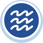 icon of a light blue circle with a navy blue circle inside of it and a white outline of three wavy horizontal lines representing waves