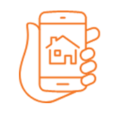 illustrated orange outline of a hand holding a smartphone with a house icon on the screen