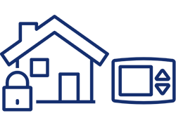 A house icon with a lock and thermostat