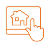 illustrated orange outline of a touchscreen with a house icon and a hand clicking on it