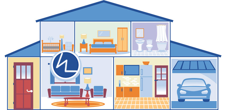 graphic of a blue house with various rooms and an icon of broken glass over the window in the living room