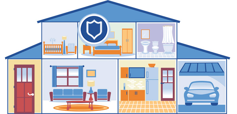 graphic of a blue house with various rooms and an icon of a shield over one of the rooms