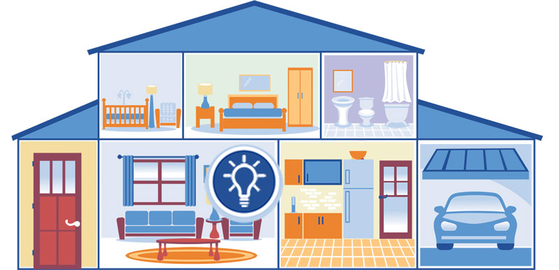 graphic of a blue house with various rooms and an icon of a lightbulb over the living room