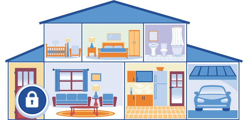 graphic of a blue house with various rooms and an icon of a padlock over the front door