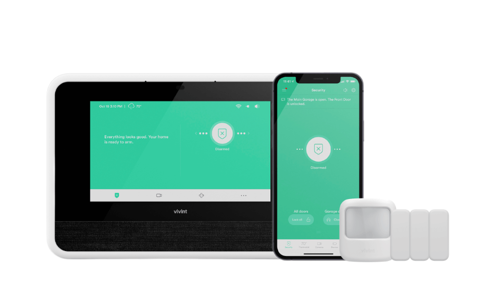 An image of a touchscreen Keypad, cellular communicator, mobile app, 3 door sensors, & motion detector.