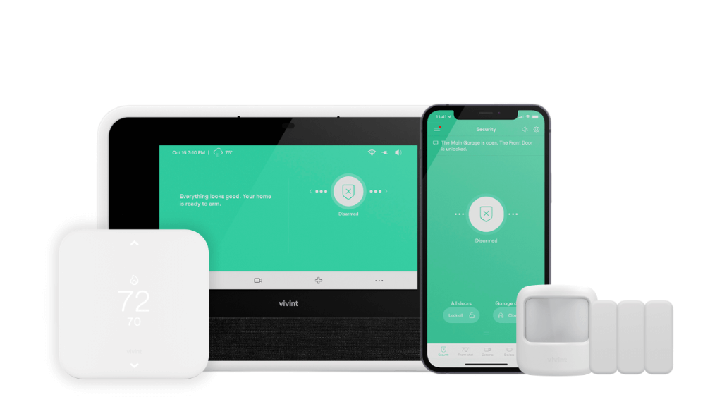 Touchscreen Keypad, cellular communicator, mobile app, automation, 3 door sensors, motion detector, and smart thermostat.