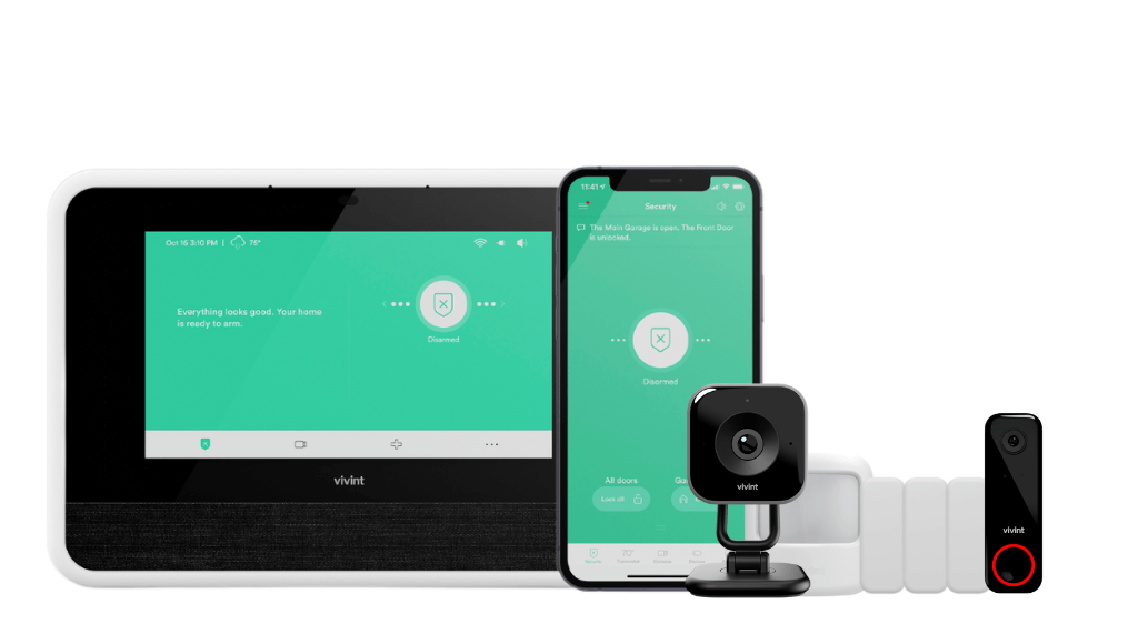 An image of a touchscreen keypad, cellular communicator, mobile app, automation, 3 door sensors, motion detector, video doorbell, & indoor camera.