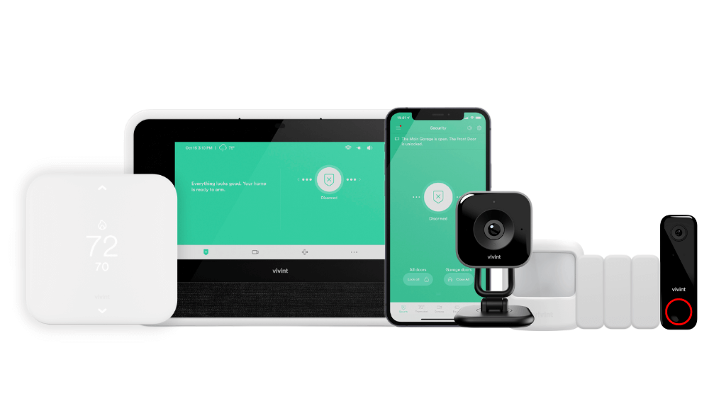 An image of a touchscreen keypad, cellular communicator, mobile app, automation, 3 door sensors, motion detector, video doorbell, & indoor camera