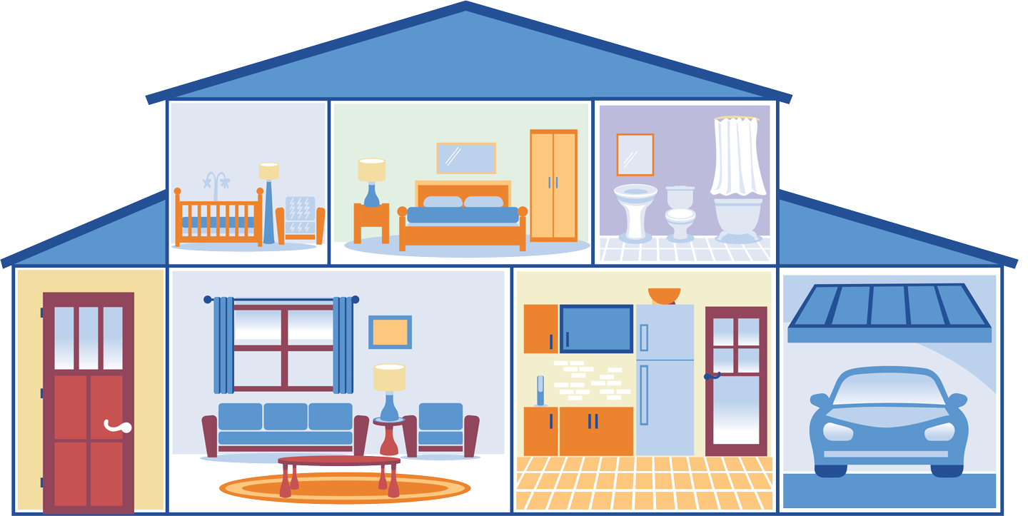 graphic of a blue house with various rooms and no icons