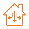 Orange icon of a house with three downturned arrows facing left, straight down, and right
